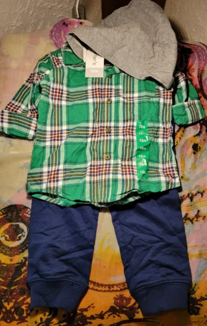 NWT Carters Baby Boy Plaid Flannel Shirt and Pants Green & Blue Set 18 Months