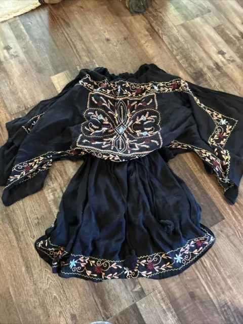 Umgee Women black floral embroidered Boho dress cold shoulder sleeve Sz S