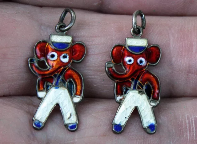 2 Rare Vintage Sterling Silver Walter Lampl Enamel Elephant Charms LOT