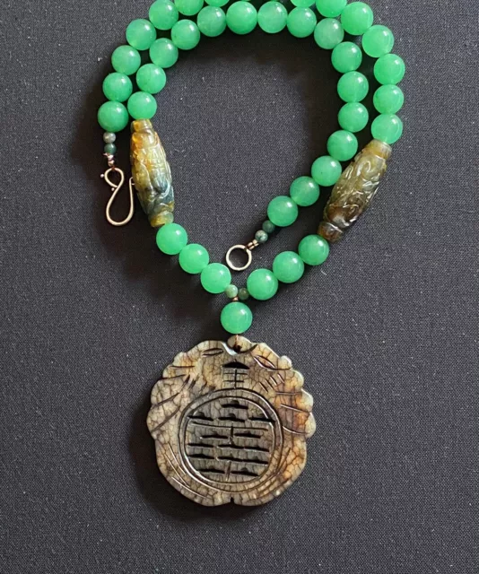 Medallion Serpentine pendant & carved jade Chinese blessings Handmade necklace.