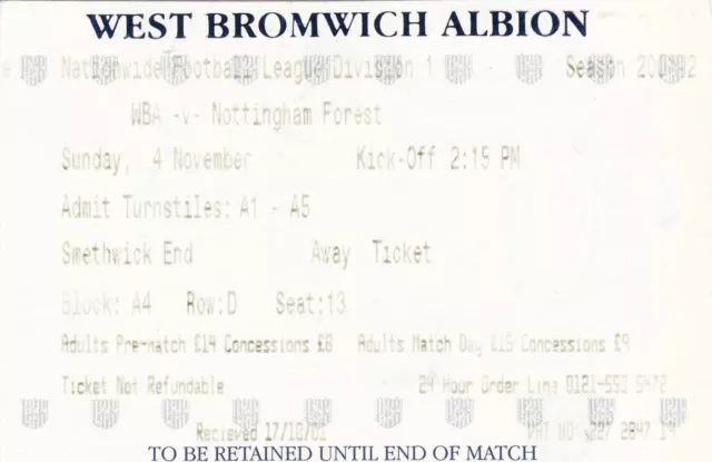 Ticket - West Bromwich Albion v Nottingham Forest (Undated)