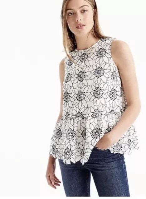 J. Crew Ivory Navy Embroidered Floral Top Size Small