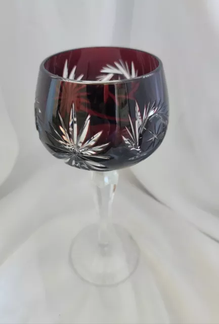 Vintage Czech Bohemian Garney Ruby Red Cut To Clear Crystal Wine Glass Hock READ