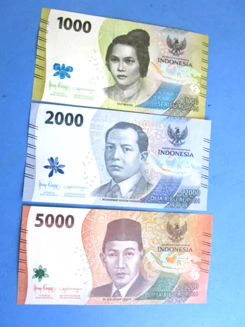 Indonesia 3 Pcs UNC Set 1000 2000 5000 Rupiah 2022, - New Design