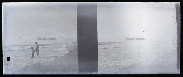Plage Vacances à la mer c1930 Photo NEGATIVE Stereo Plaque de Verre Vintage V39n