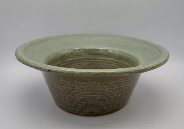 Vintage Art Pottery hat bowl Thin Celadon Green Glaze rib Wheel Thrown 8"x3"