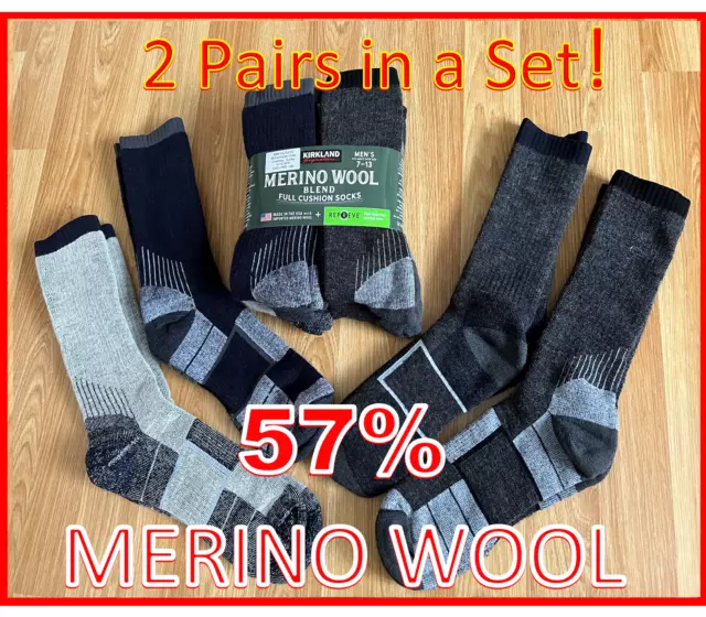2 PAIRS Kirkland Signature 57% Merino Wool Outdoor Walking Hiking Trail Socks