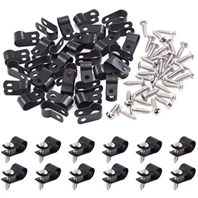 Swpeet 120 Pack Black 5/16 Inch Nylon Plastic R-Type Cable Clips Clamp Kit, Cord