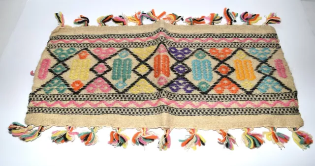 Woven Beige Wool with Orange Green & Yellow Yarn Embroidery Tassel Wall Hanging