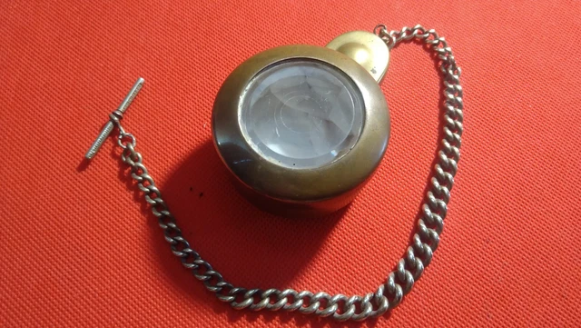 Antique Brass Miners Pocket Watch Case,Size 2 3/4. On Original graduated Chain.
