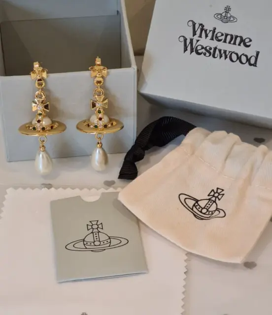 Vivienne Westwood gold tone 3D Pearl drop Crystal Earrings New Box Pouch Card