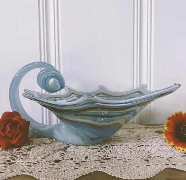 Vintage Mid Century Modern Hand Blown Art Glass Cornucopia Swirly Artsy Bowl