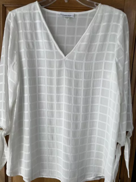 Calvin Klein Women’s Blouse Top Size S Small 3/4 Tie Sleeve V neck White Lined