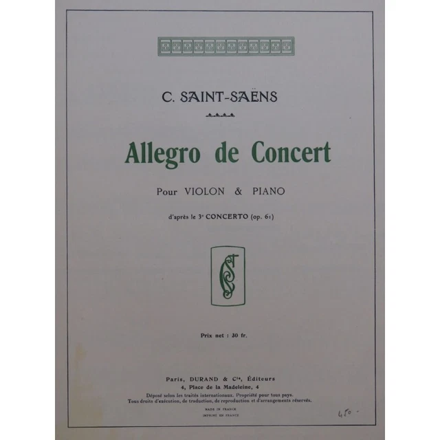 SAINT-SAËNS Camille Allegro de Concert Violon Piano 1913