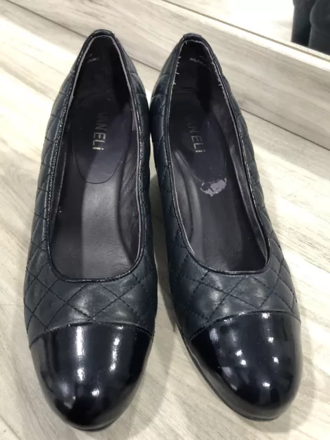 Vaneli Van Eli Landis Cap Toe Quilted Wedge Heel Shoe Patent Navy Blue 8.5 Wide