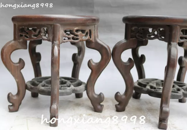 7" Old Chinese Ancient Huanghuali Wood Carving Dragon Flower Tablet Chair Pair 2