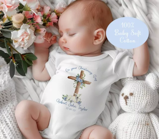 Baby's Christening  ~Blue  lamb on cross *Baby Grow *Gro *Sleepsuit*Personalised