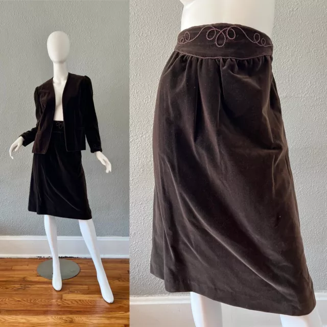 Vintage 70s Brown VELVET Suit Jacket Blazer 2 Pc High Waist Skirt Set S/M