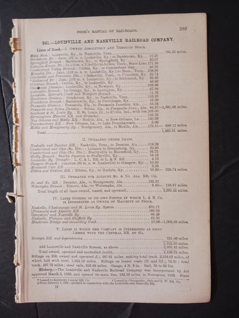 1891 train report LOUISVILLE & NASHVILLE RAILROAD SYSTEM Corbin Newport Kentucky