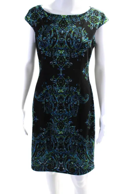 Maggy London Womens Abstract Print Wide Strap Sheath Dress Black Blue Size 6