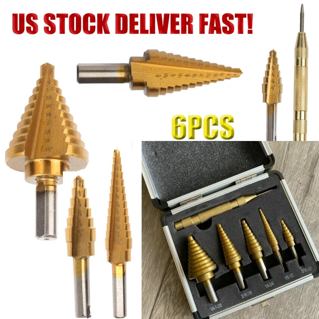 6PCS HSS Titanium Step Drill Bit Set W Automatic Center Punch High Speed Steel