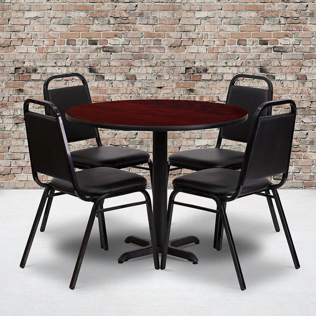 36'' Round Mahogany Laminate Table Set w/X-Base & 4 Black Trapezoidal Back Banqu