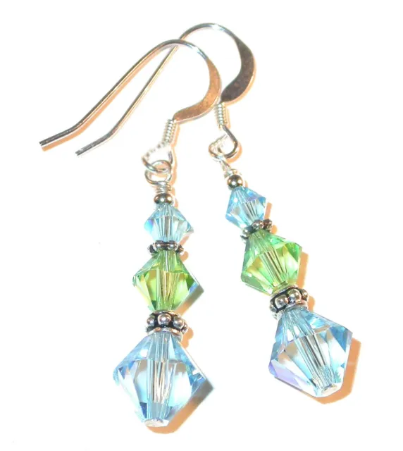 AQUAMARINE & PERIDOT Crystal Earrings Dangle Sterling Silver Swarovski Elements