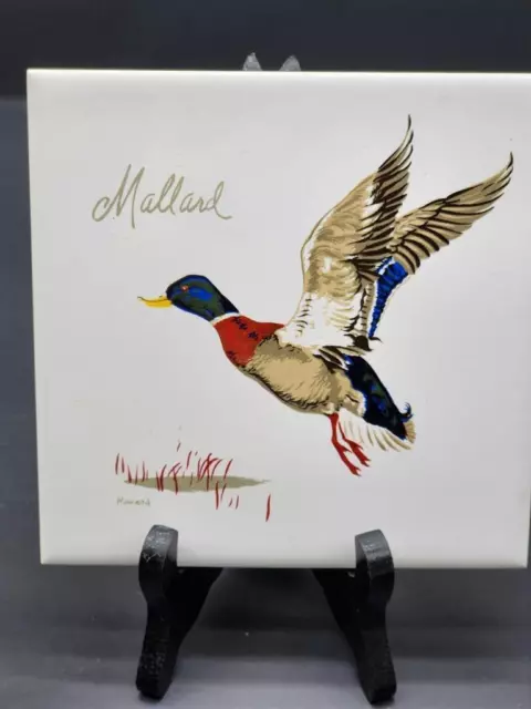 MALLARD Vintage TILE Screencraft Hand Decorated Signed USA 6" X 6" CORK Back