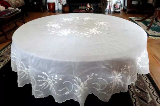 Vintage Organdy Linen Embroidered Round Tablecloth 64"