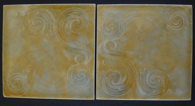 PROVIDENTIAL TILE WORKS Yellow Scroll Curves Majolica Glaze Victorian Art Tiles
