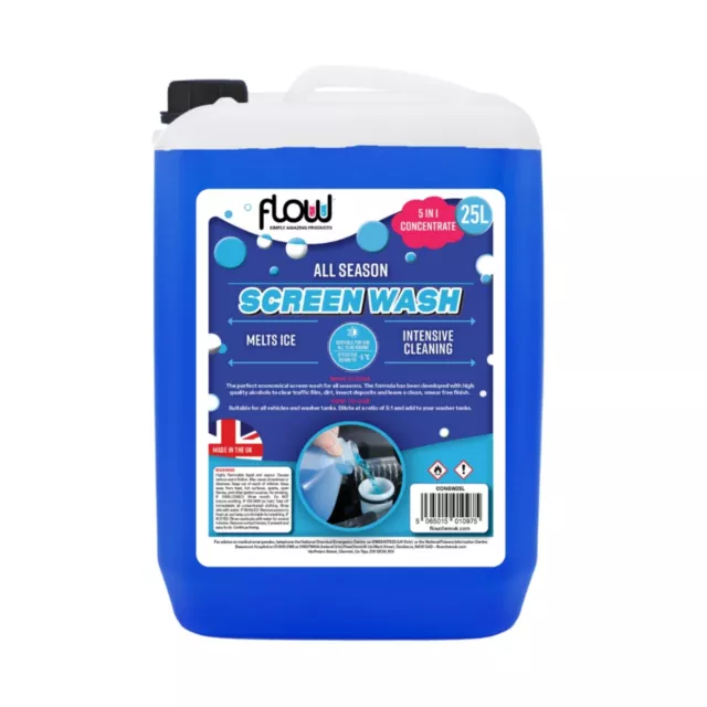 Flow 25 Litre Blue Screenwash 5:1 Concentrate | All Seasons -5°C Temp Non Smear