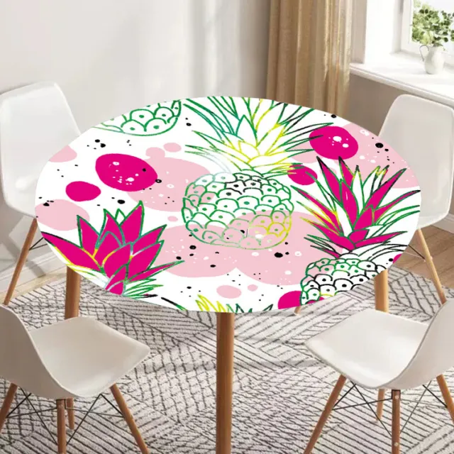 Pineapple Pink Table Cover Elastic Edged Polyester Tablecloth for Round Table