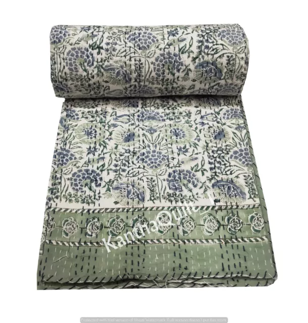 Hand Block Printed Kantha Quilt Indian King Size Bedspread Bedding Cotton Throw