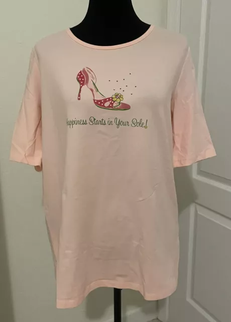 Quacker Factory Short Sleeve Beaded Embellished TShirt Pink High Heel Medium Nwt