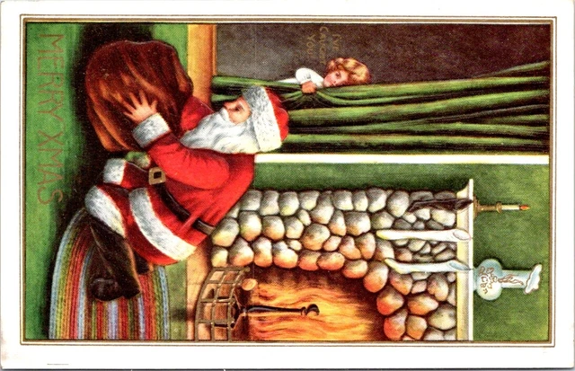 Child Catching Full Length SANTA Searching his Bag, CHRISTMAS Postcard