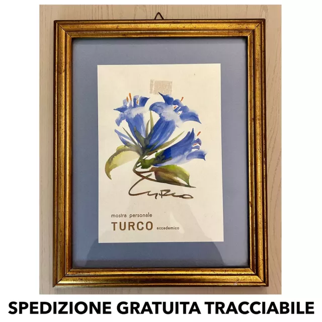 QUADRO Arte MODERNA Mostra Personale TURCO Accademico FIORI BLU Con CORNICE