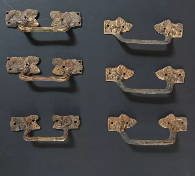 6 maniglie quadre floreali antiche stile liberty primi 900 in bronzo per mobili