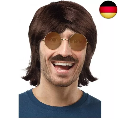 SET mit 80er / 90er Jahre Proll kurze Vokuhila Perücke braun + Brille +