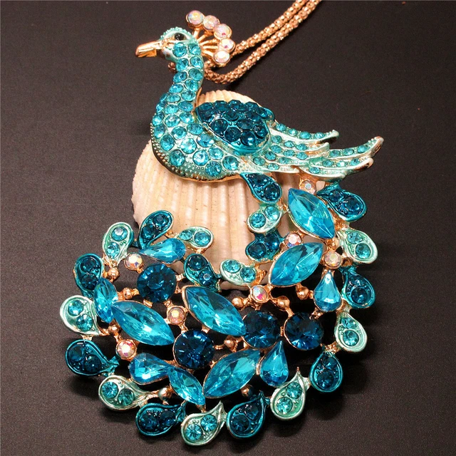New Betsey Johnson Blue Crystal Peacock Bling Animal Necklace Sweater Chain