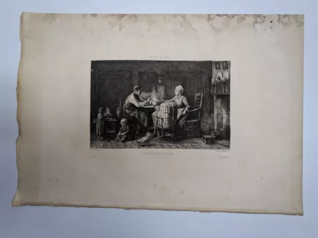 Gravure d'après Jozef Israëls : INTERIEUR DE VILLAGE. Ferd. Leenhoff, XIXème