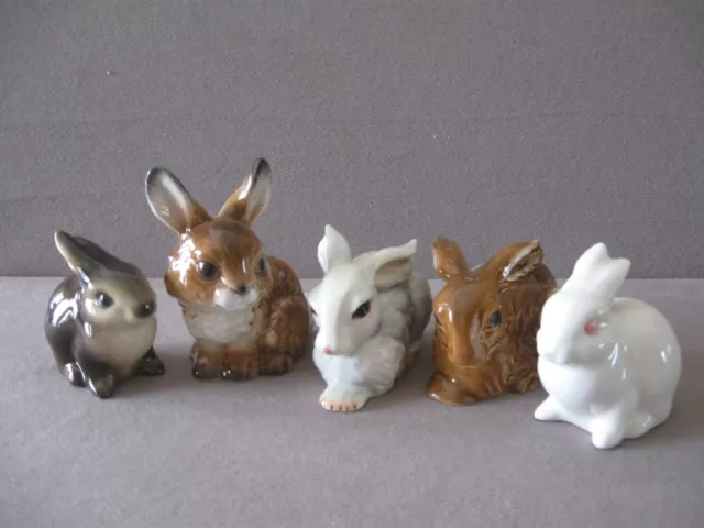 LOT of 5 GOEBEL BUNNIES RABBITS GERMANY WHITE & BROWN varies sizes