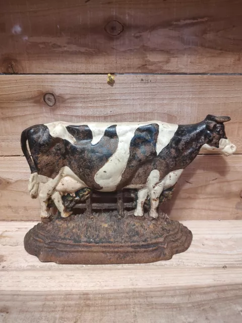 Vintage Cast Iron Black And White Cow Door Stop 8 1/4 Inches Tall  13 7/8 Wide