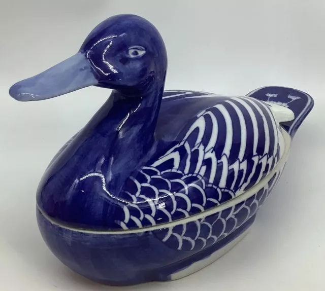 Vintage Chinese Blue And White Porcelain Duck Lid Tureen Dish Trinket Box