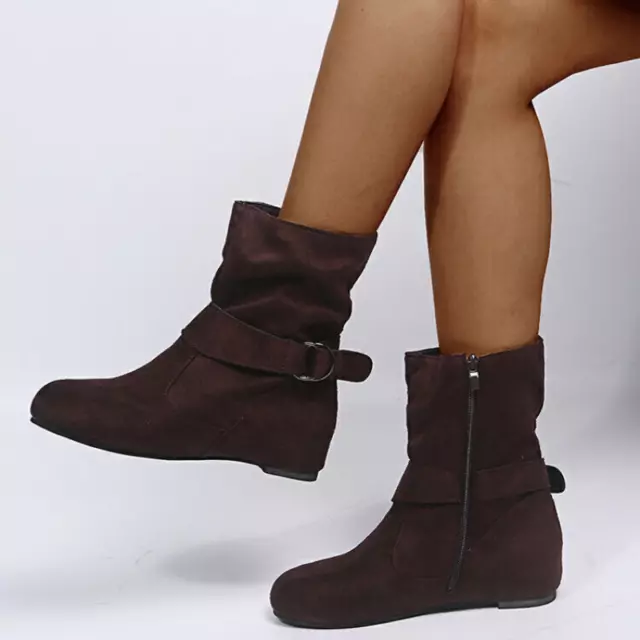 Womens New Heel Ankle Shoes Wedge Boots Ladies Faux Suede Slouch Boots Size New 3