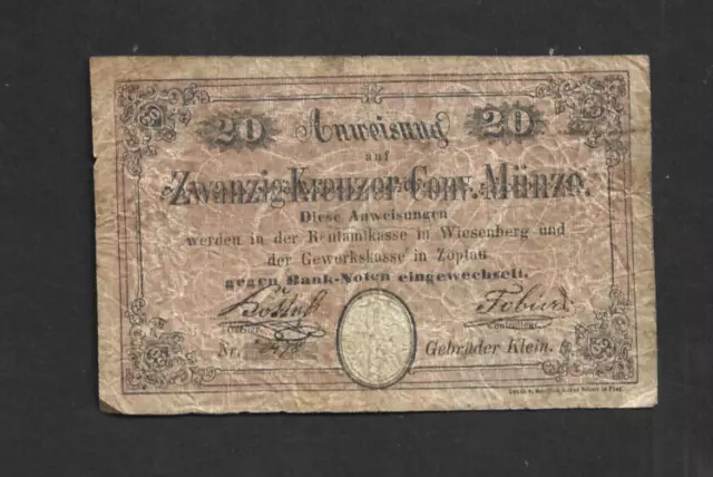 20 Kreuzer Vg Banknote From Austrian Empire/Bohemia/Zöplau  1849  Rare