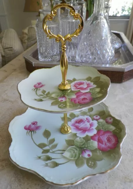 Vintage Lefton Green Heritage Pink Roses Two Tier Tidbit Serving Tray