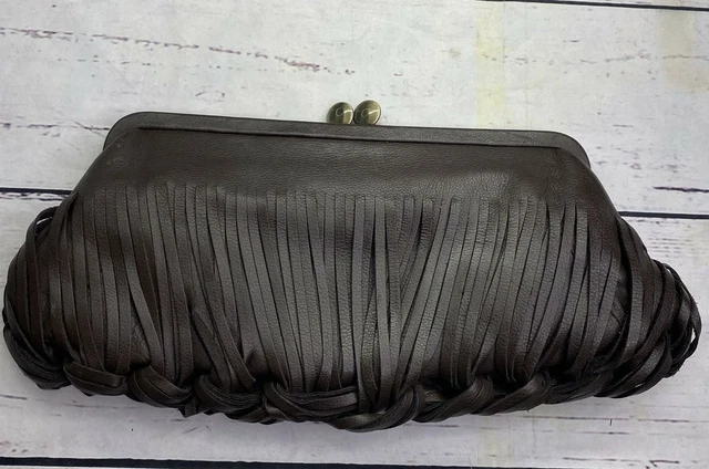 Sondra Roberts Purse Clutch Brown Faux Leather Fringe Twist Braid 5x12”