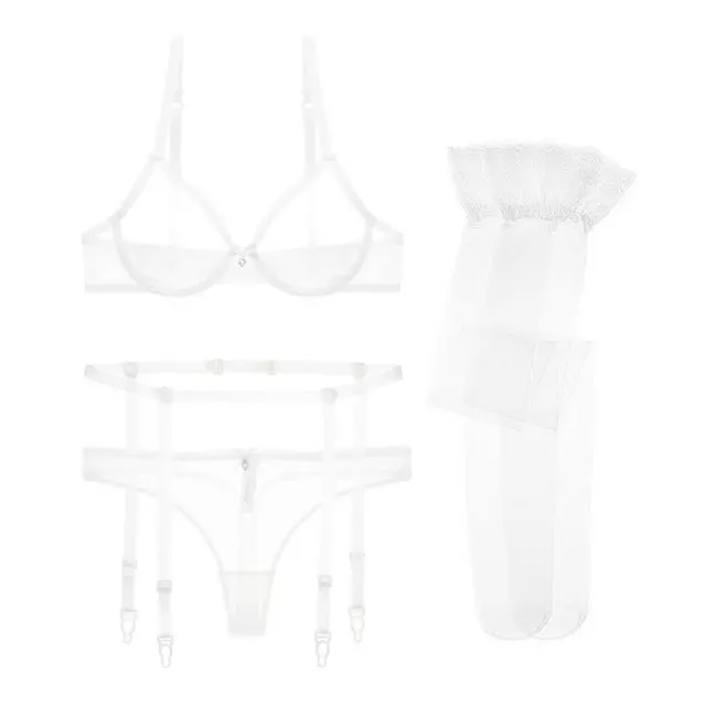 Underwire Sexy Lingerie Set See-through Bra Thong Garter Belt Stockings