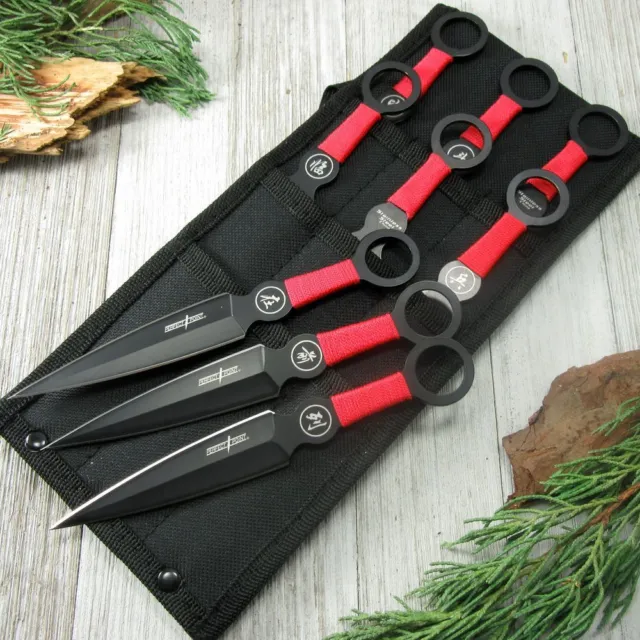 Throwing Knife Set Stainless 6" Perfect Point 9 Pc. Black Ninja Kunai w/ Sheath