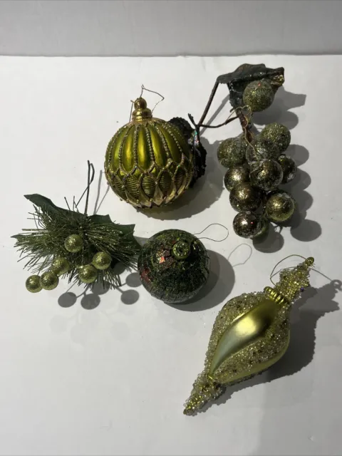 Lot Of 5 Christmas Ornaments Chartreuse Foliage Pieces Glittery Beads Balls